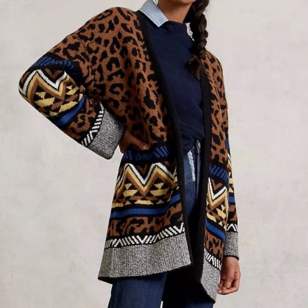 ANTHROPOLOGIE MARSEILLE LEOPARD ANIMAL PRINT CARDIGAN SWEATER SIZE SMALL